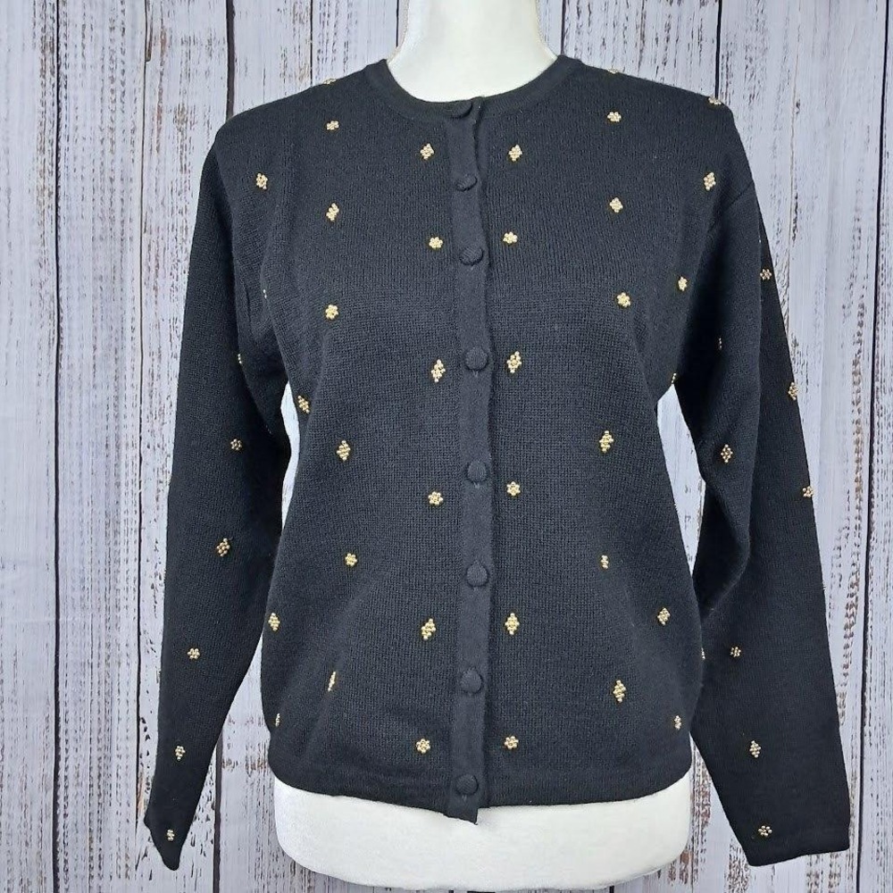 Vintage TALBOTS S Black Cardigan Sweater Fine Wool Gold Beadwork Holiday Glam